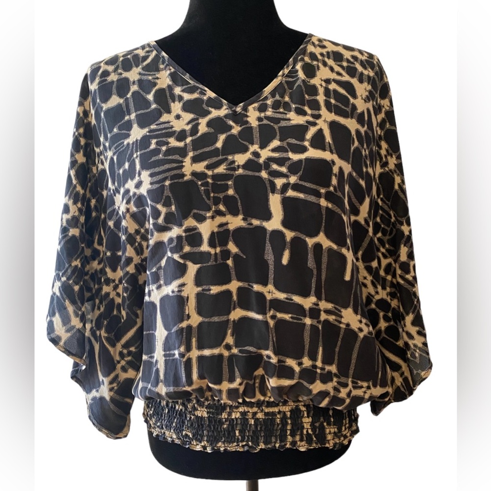 Akiko Womens Top Black Tan Printed Blouse Silk Batwing 100% Silk